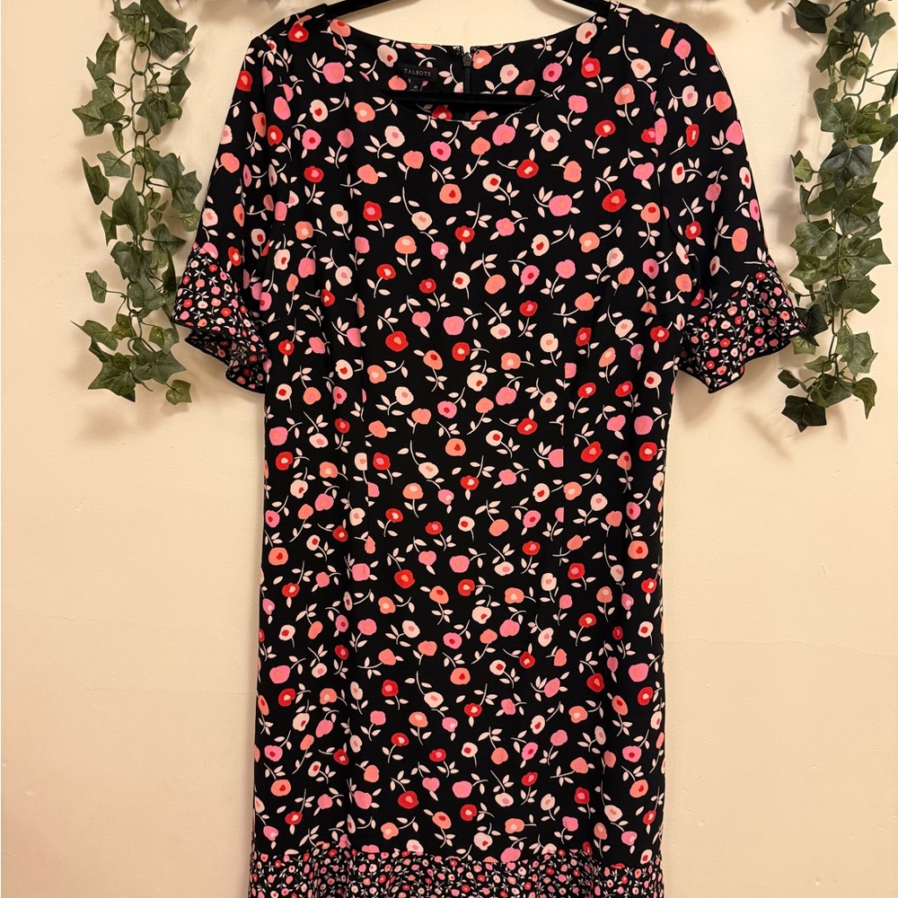 Black Floral Shift Dress with Pink and Red Accents